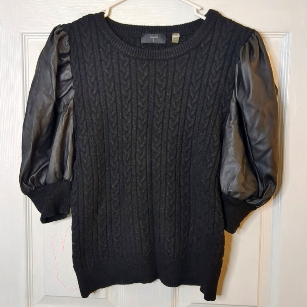 Tahari Faux Leather Puff Sleeve Knit Sweater Women's Size Medium